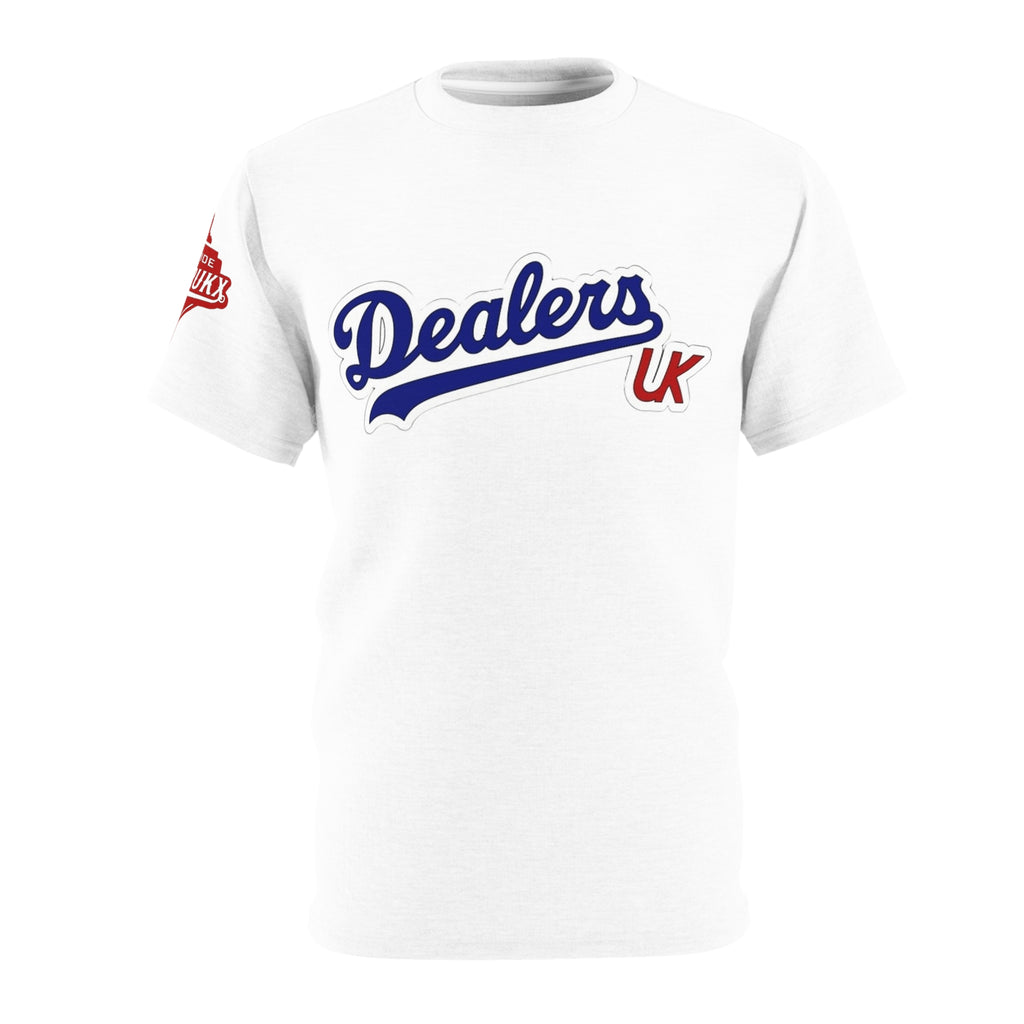 Dealers UK Script T‑Shirt — Vintage Baseball Style Logo Tee
