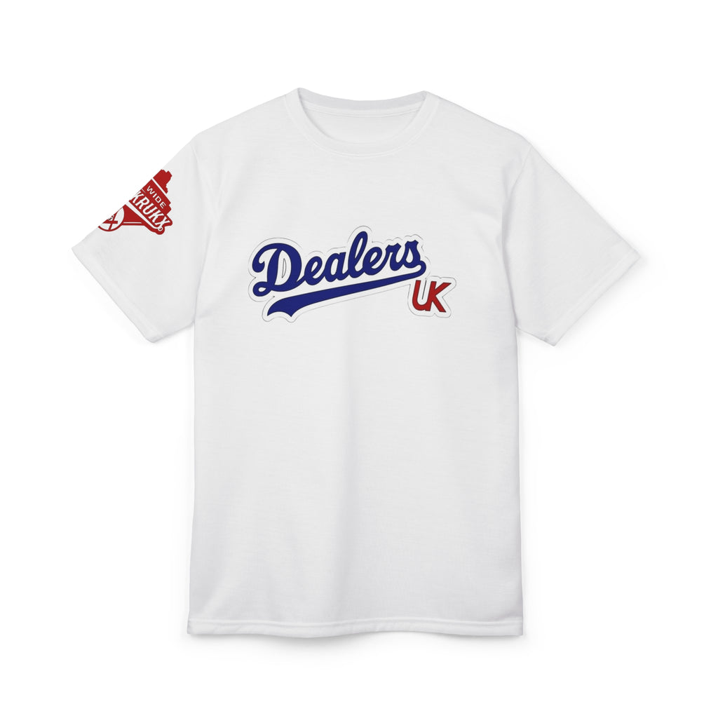 Dealers UK Script T‑Shirt — Vintage Baseball Style Logo Tee