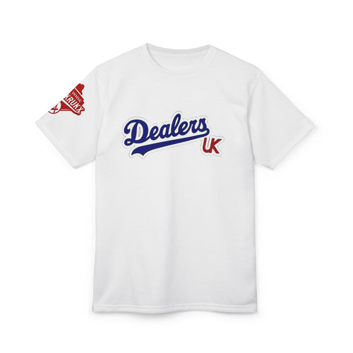 Dealers UK Script T‑Shirt — Vintage Baseball Style Logo Tee
